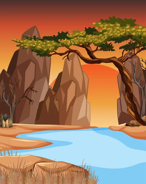 Лісовий Пейзаж Річкою Заході Сонця Ілюстрація — стоковий вектор