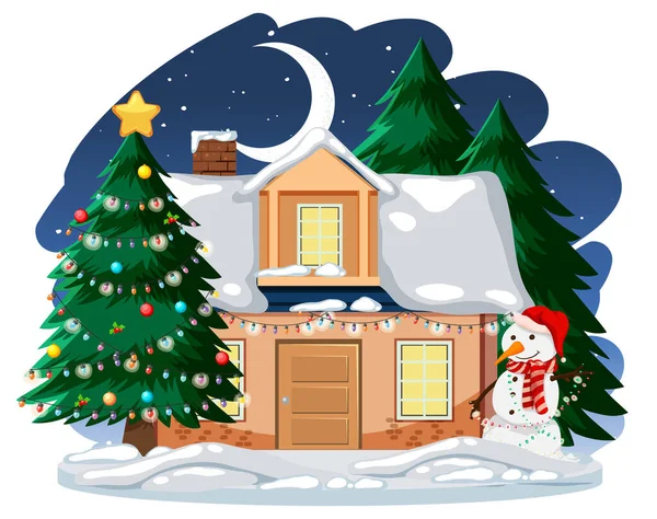 Різдвяна Ніч Снігом Покрила Будинок Прикрашена Ілюстрація Дерева — стоковий вектор