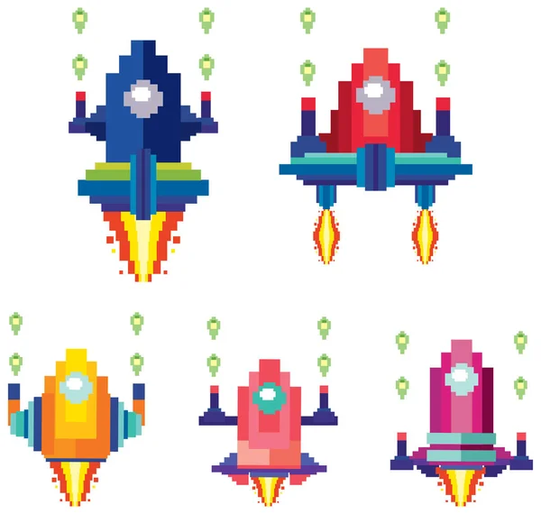 Set Pixel Game Spaceships Isolated Illustration — Stock Vector