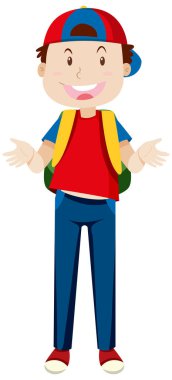 Kırmızı çizgi film karakteri çizimi giyen mutlu çocuk.