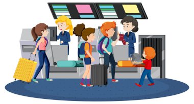 Kayıt gişesindeki yolcular servis elemanlarının çizimleriyle birlikte