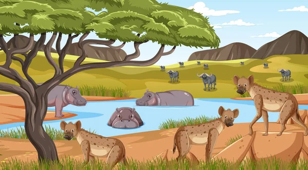 Animales Salvajes Bosque Sabana Ilustración Del Paisaje — Vector de stock