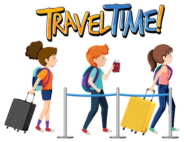 Diseño Tipografía Travel Time Con Los Pasajeros Línea Ilustración — Vector de stock