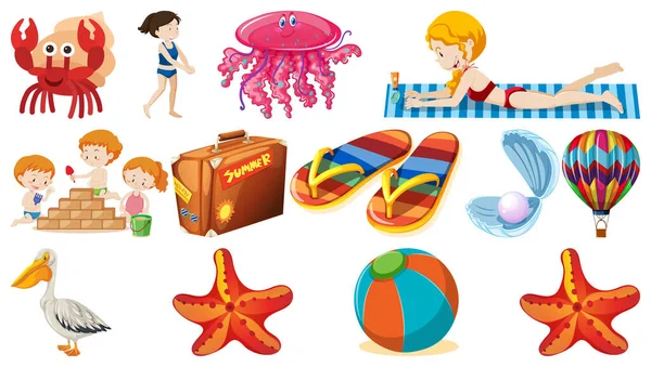 Conjunto Objetos Playa Verano Personajes Dibujos Animados Ilustración — Vector de stock