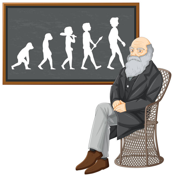 Чарльз Дарвин с иллюстрацией эволюции