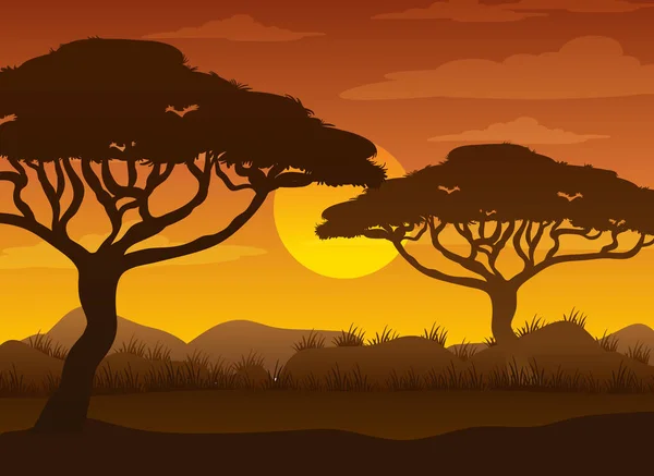 Silhouette Savanna Forest Sunset Time Illustration — Stock Vector