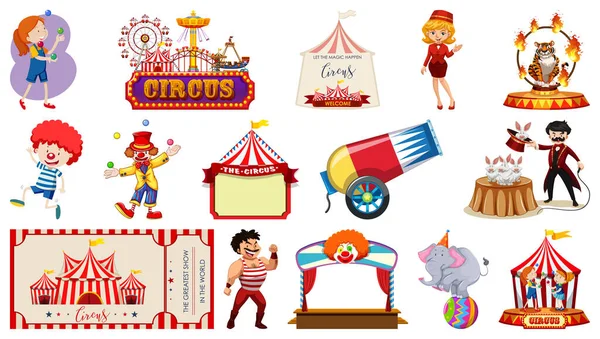 Conjunto Personajes Circo Elementos Del Parque Atracciones Ilustración — Vector de stock
