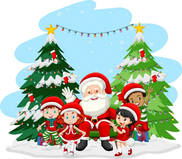 Crianças Comemorando Natal Com Ilustração Papai Noel — Vetor de Stock