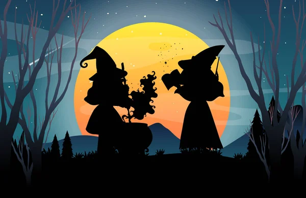 Halloween Night Background Witch Silhouette Illustration — Stock Vector