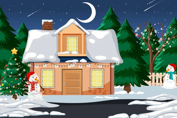 Snow Covered House Decorated Christmas Decorations Illustration — Stock Vector