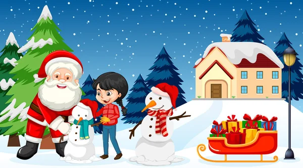 Święty Mikołaj Buduje Bałwana Ilustracją Dzieci — Wektor stockowy