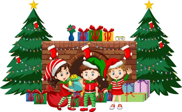 Niños Felices Celebrando Navidad Sobre Fondo Blanco Ilustración — Vector de stock