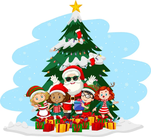 Enfants Célébrant Noël Avec Illustration Père Noël — Image vectorielle