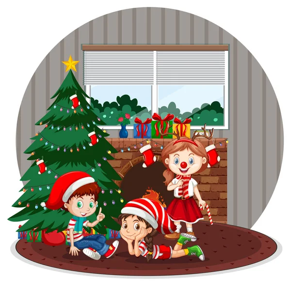 Niños Felices Celebrando Navidad Casa Ilustración — Vector de stock