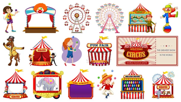 Conjunto Personajes Circo Elementos Del Parque Atracciones Ilustración — Archivo Imágenes Vectoriales