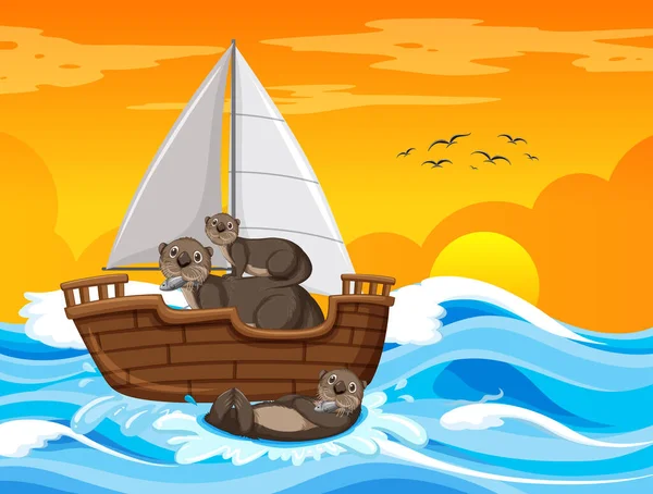 Scena Oceanica Con Lontre Una Barca Vela Illustrazione — Vettoriale Stock