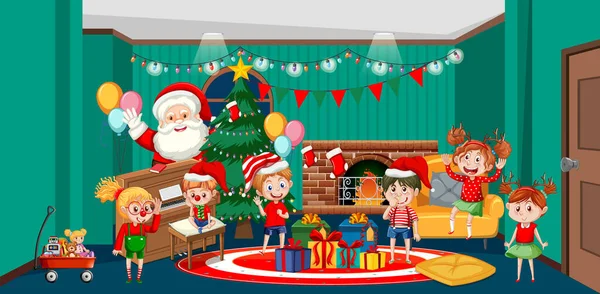 Kerstman Vieren Kerstmis Met Kinderen Thuis Illustratie — Stockvector