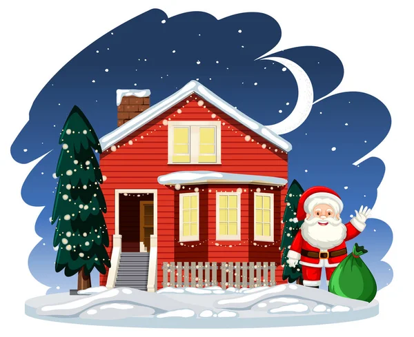 Санта Клаус Стоит Рядом Домом Ночной Сцене Иллюстрации — стоковый вектор