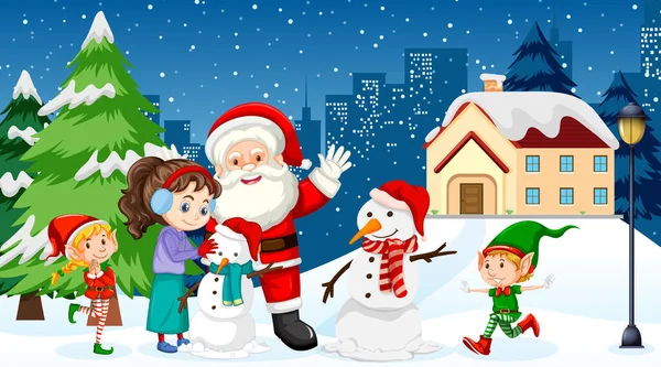 Escena Invierno Navidad Con Niños Ilustración Santa Claus — Vector de stock