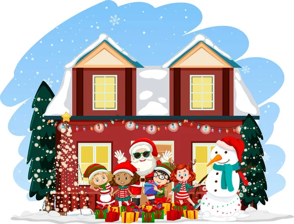 Childre Firar Jul Med Jultomten Framför Ett Hus Illustration — Stock vektor