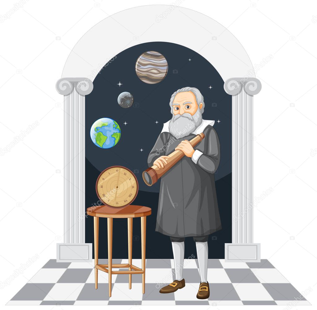 Galileo Galilei cartoon charater on white background illustration