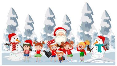 Noel Baba mutlu çocuk resimleriyle ayakta duruyor.