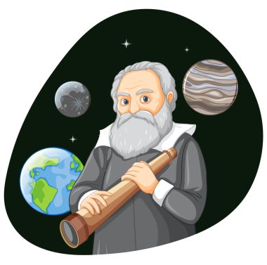 Beyaz arkaplan illüstrasyonunda Galileo Galilei çizgi film karakteri