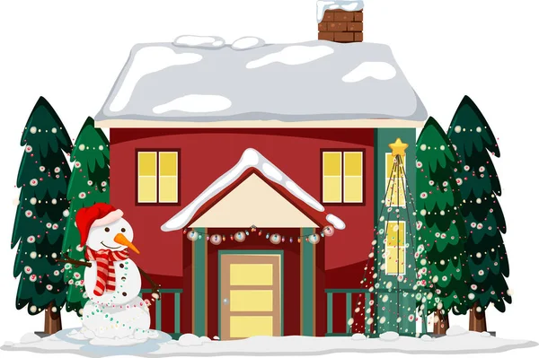 Schneebedecktes Haus Mit Einem Schneemann Und Weihnachtsbäumen Illustration — Stockvektor