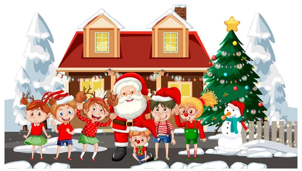 Niños Celebrando Navidad Con Santa Claus Ilustración — Vector de stock