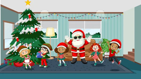Kinder Feiern Weihnachten Mit Dem Weihnachtsmann Hause Illustration — Stockvektor