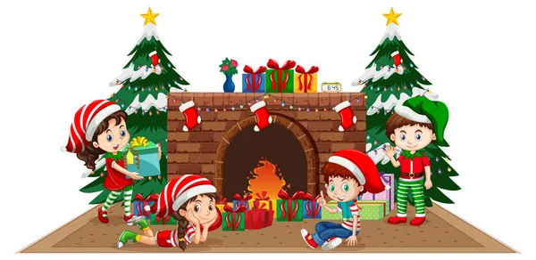 Niños Celebrando Navidad Casa Con Chimenea Ilustración — Archivo Imágenes Vectoriales