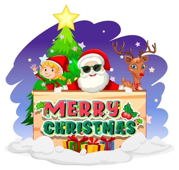 Frohe Weihnachten Banner Mit Weihnachtsmann Mit Elfe Und Rentier Illustration — Stockvektor