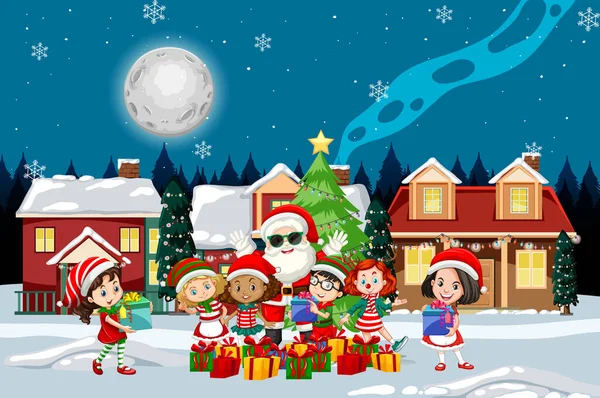 Різдвяна Зимова Сцена Щасливими Ілюстраціями Дітей — стоковий вектор