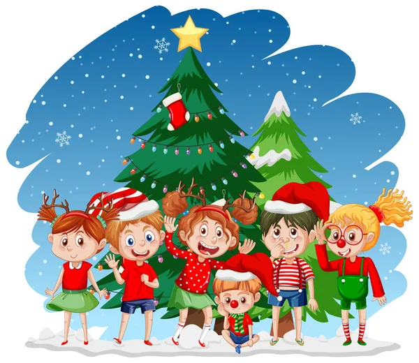 Weihnachtstag Mit Glücklichen Kindern Und Weihnachtsbaum Illustration — Stockvektor