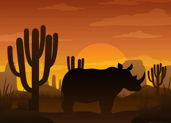 Silhueta Rinoceronte Ilustração Floresta Savana — Vetor de Stock