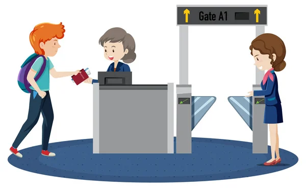 Pasajero Caminando Entrada Puerta Embarque Con Ilustración Del Personal Servicio — Vector de stock