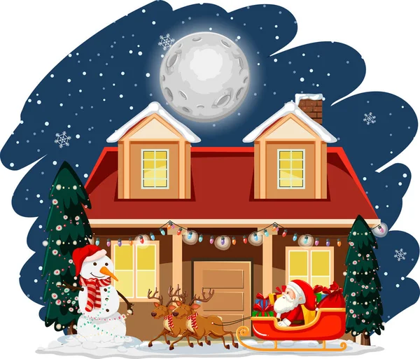 Santa Claus Trineo Delante Casa Ilustración Escena Noche — Vector de stock