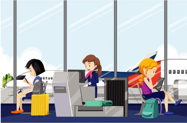 Passagiers Wachten Bij Een Vertrekpoort Scène Illustratie — Stockvector