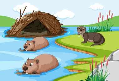 Otters and beavers living together in the forest illustration clipart