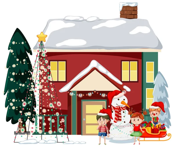 Casa Cubierta Nieve Con Ilustración Cadena Luz Navidad — Vector de stock