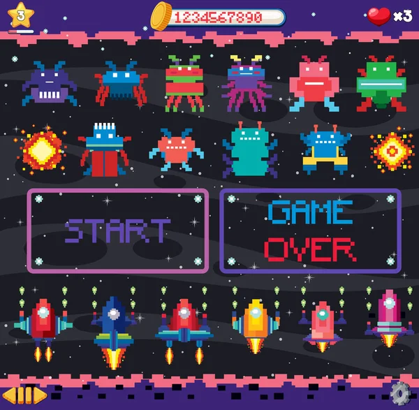 Retro Pixel Space Game Interface Illustration — Stock Vector