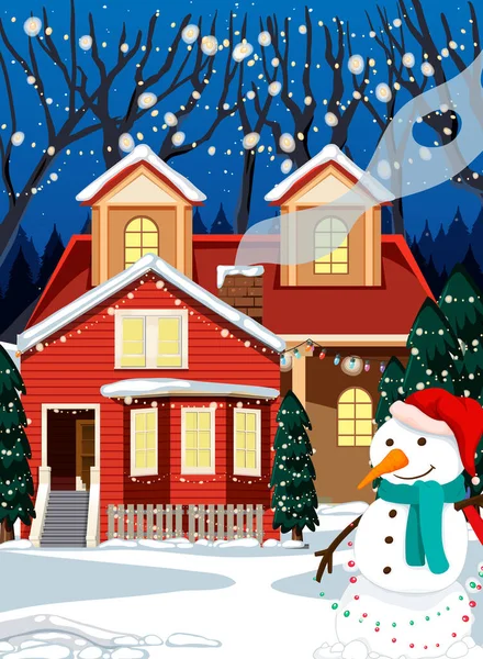 Christmas Winter Scene House Snowman Illustration — Stock Vector