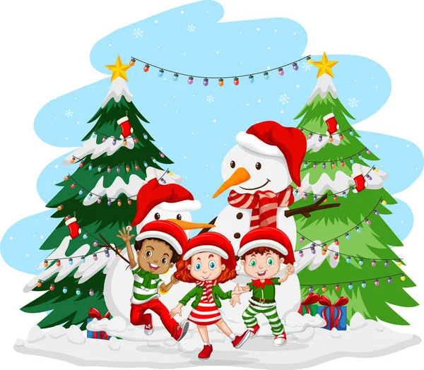 Crianças Celebrando Natal Com Boneco Neve Ilustração — Vetor de Stock