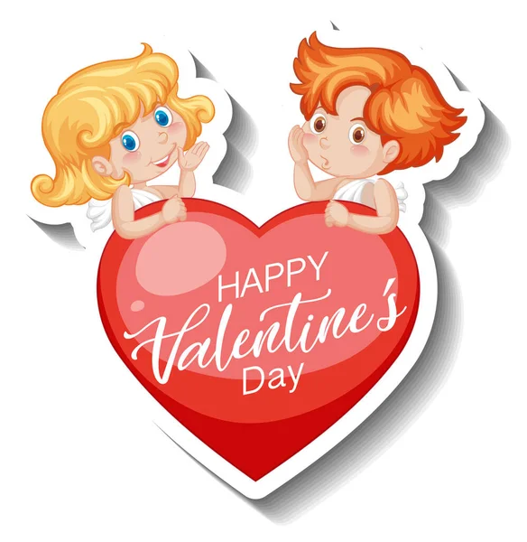 Zwei Kleine Köpfchen Mit Happy Valentine Day Heart Banner Illustration — Stockvektor