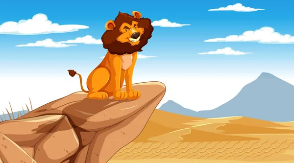 Desert Scene Lion Sitting Cliff Illustration — Stock Vector