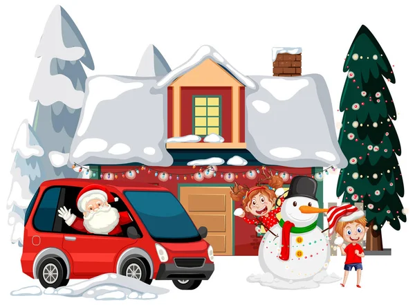 Voiture Conduite Père Noël Avec Illustration Maison Couverte Neige — Image vectorielle