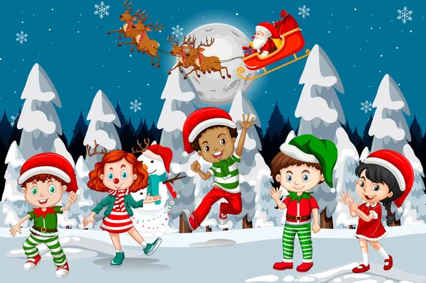Різдвяна Зимова Сцена Щасливими Ілюстраціями Дітей — стоковий вектор