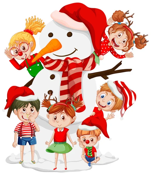 Weihnachten Schneemann Mit Glücklichen Kindern Zeichentrickfigur Illustration — Stockvektor