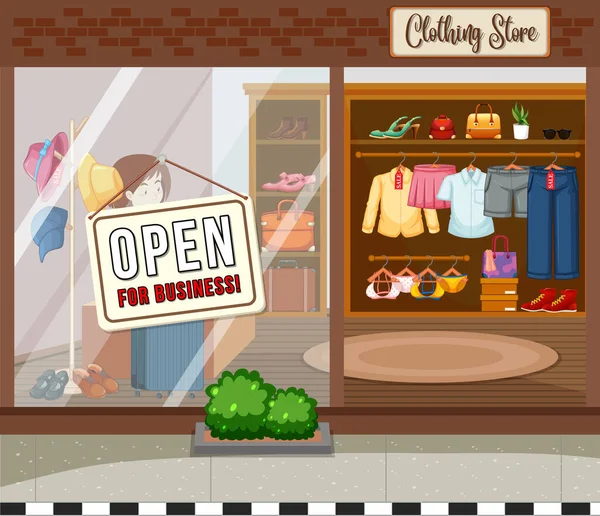 Kleding Winkel Met Open Voor Zakelijke Banner Illustratie — Stockvector