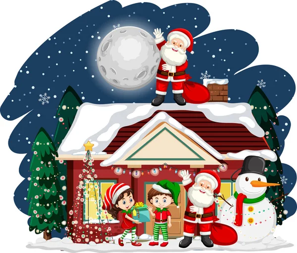 Niños Celebrando Navidad Con Santa Claus Por Noche Ilustración — Vector de stock